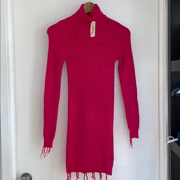Forever 21 Dresses & Skirts - HOT PINK TURTLENECK RIPPED SWEATER DRESS